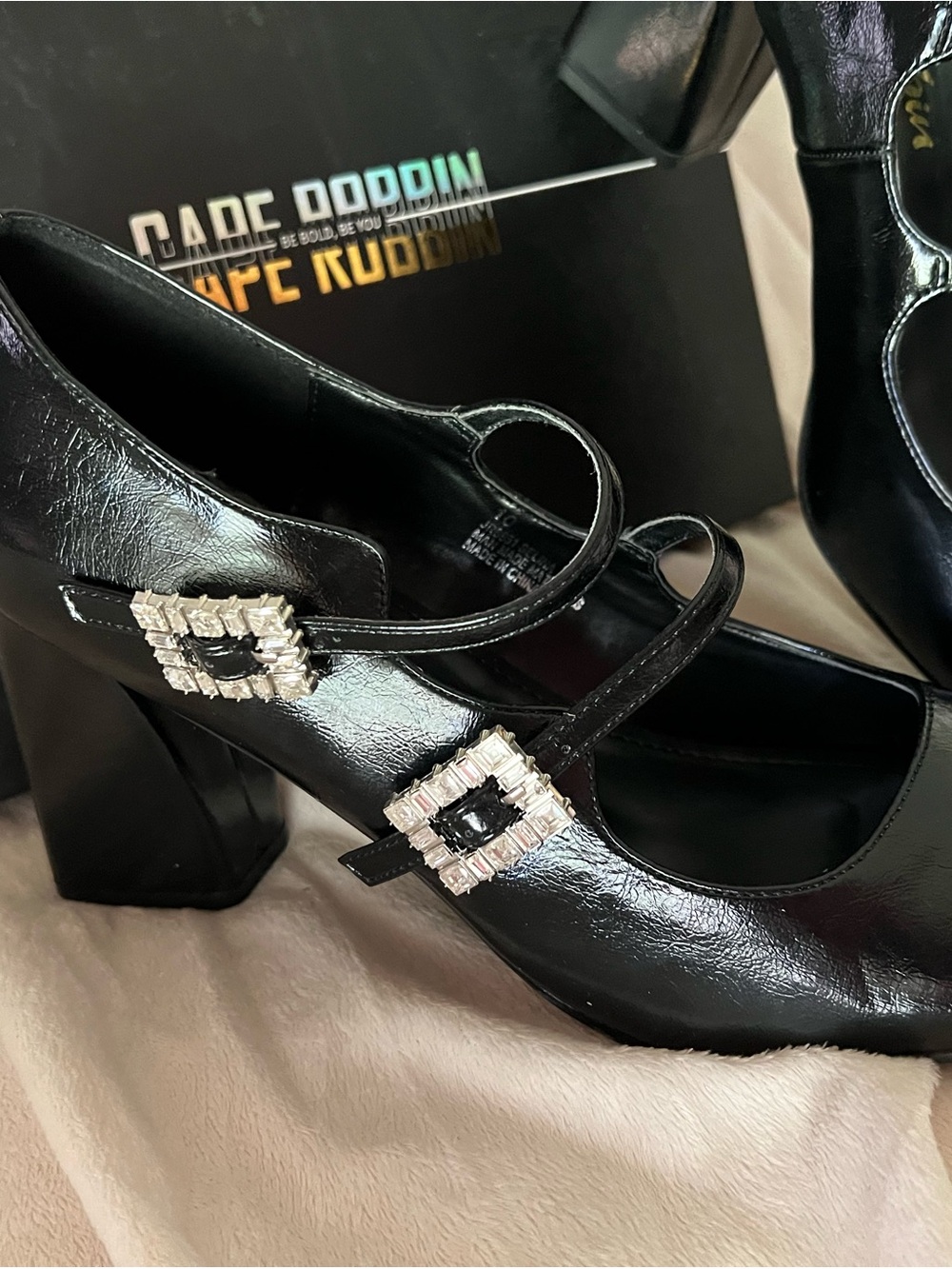 Cape Robbin Black Patent Mary Jane Heels with Crystal Buckle